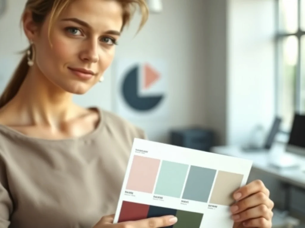 Kobieta w kreatywnym studiu prezentuje paletę kolorystyczną nowej identyfikacji wizualnej marki.