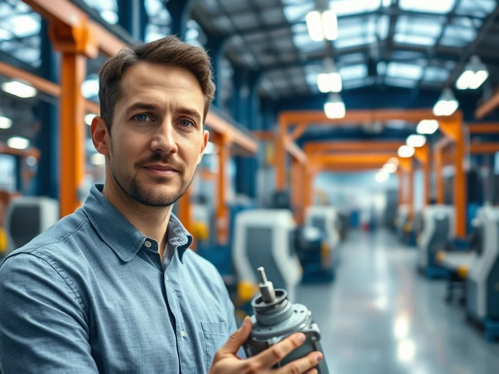 Mężczyzna w nowoczesnej hali produkcyjnej kontrolujący jakość elementu mechanicznego przy linii produkcyjnej.