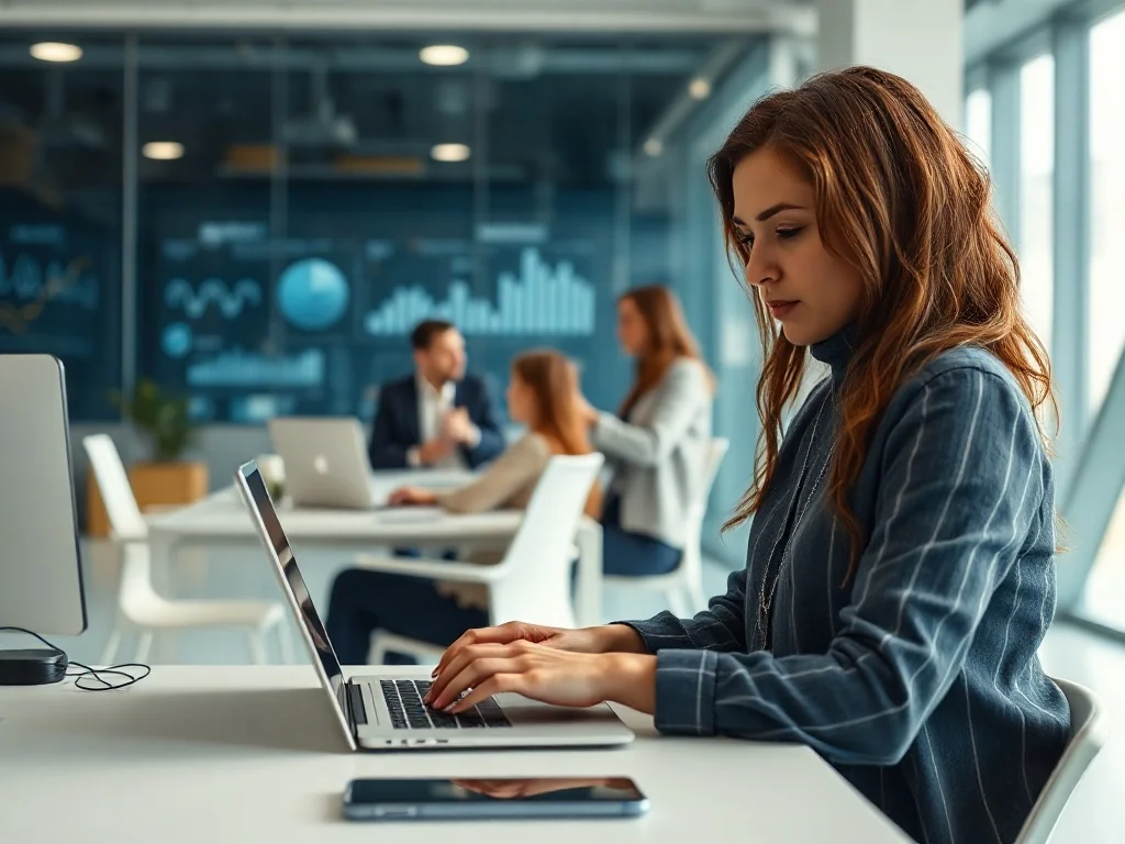 Pracownica biurowa korzystająca z laptopa w nowoczesnym, profesjonalnym środowisku pracy z zespołem w tle.
