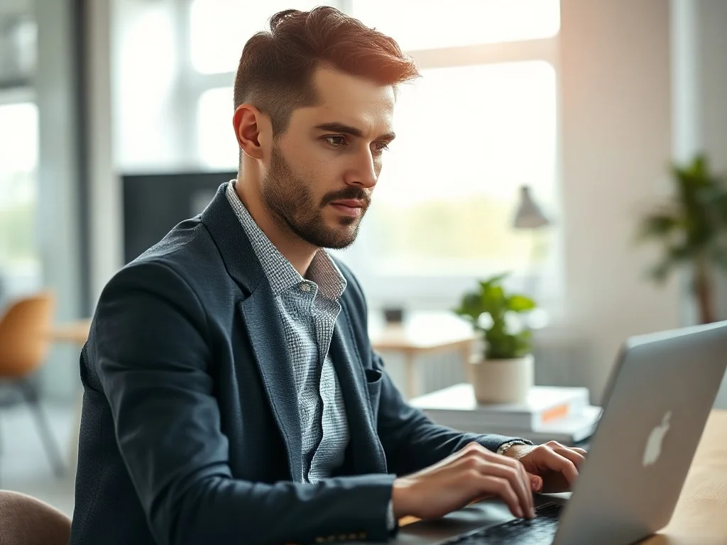 Pewny siebie przedsiębiorca pracujący przy laptopie w nowoczesnym, jasnym biurze.